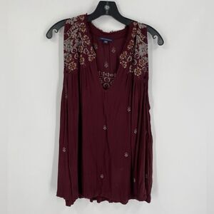 American Eagle Outfitters Burgundy Embroidered V-Neck Sleeveless Top